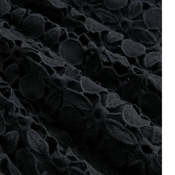 Elegant French Fit-n-Flare Cut Romantic Gupuire Lace Paneled Dress All Black - Picture 2 of 10